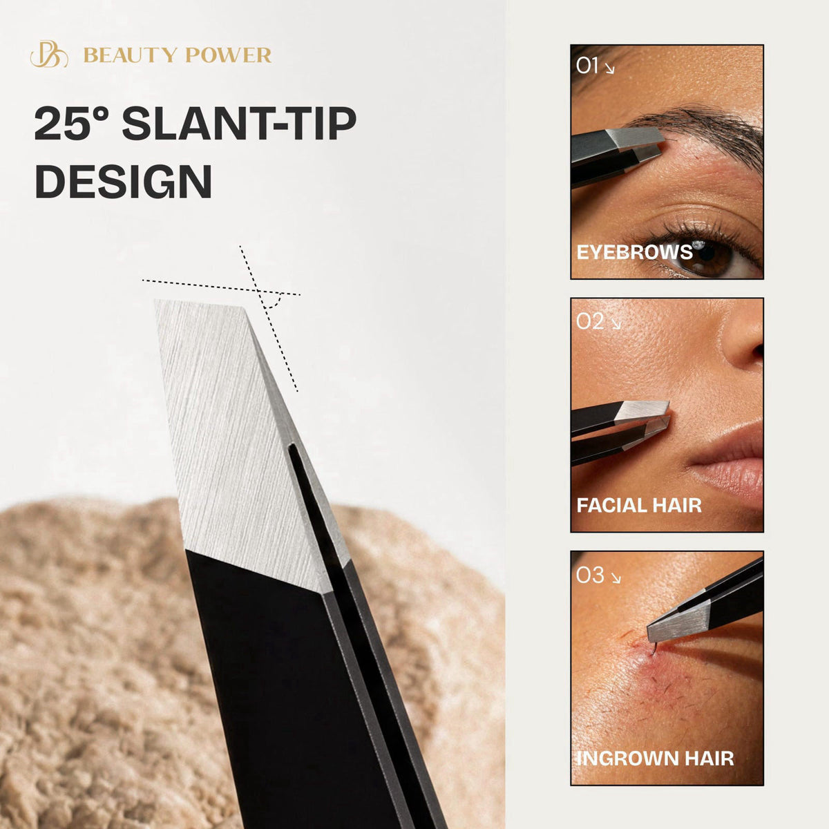 Beauty Power Precision Tweezers for Women Facial Hair & Men - Professional Tweezers Set with Slant & Point Tips, German 