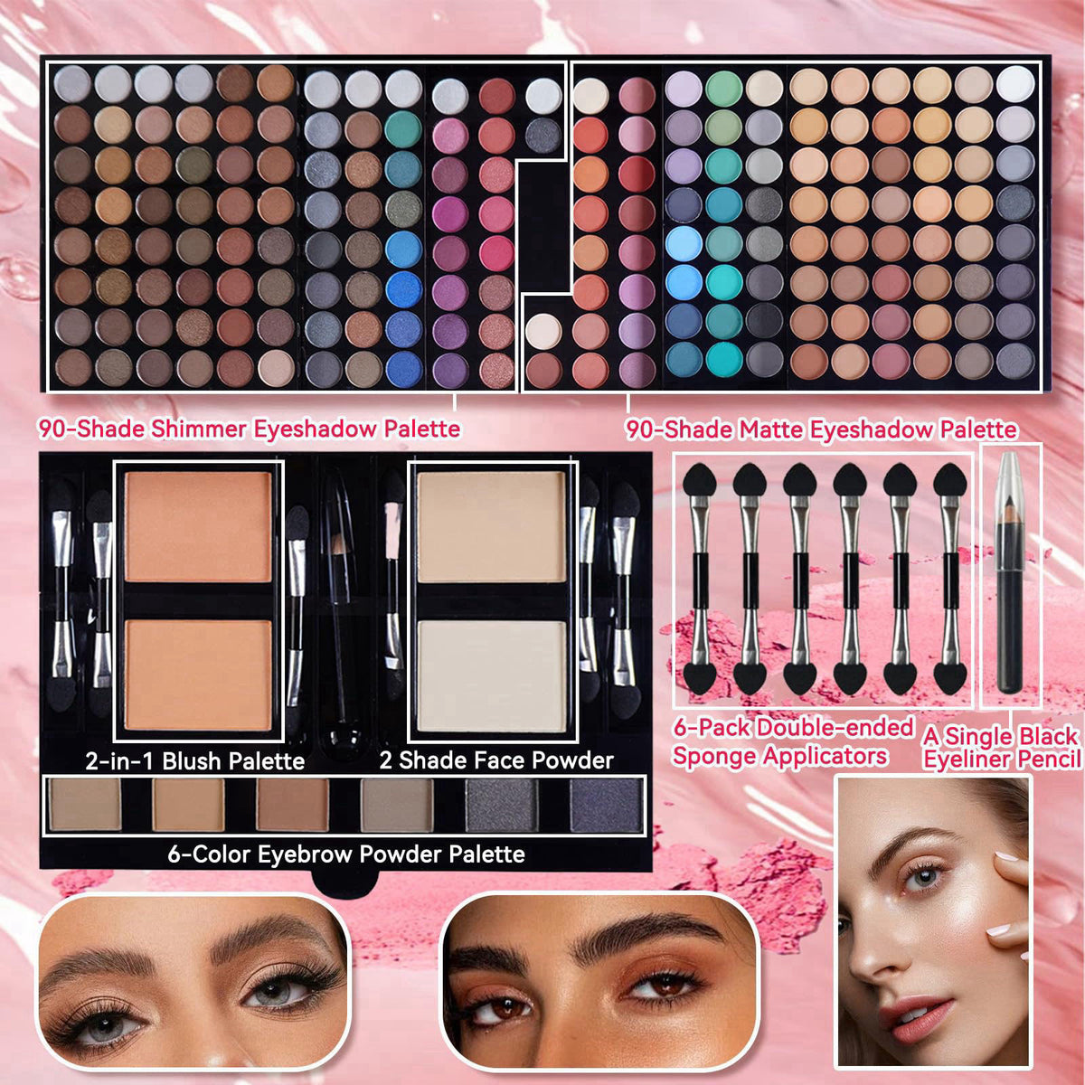 Pure Vie All-in-One Holiday Gift Makeup Set Essential Starter Bundle Include Eyeshadow Palette Lipgloss Concealer Blush 
