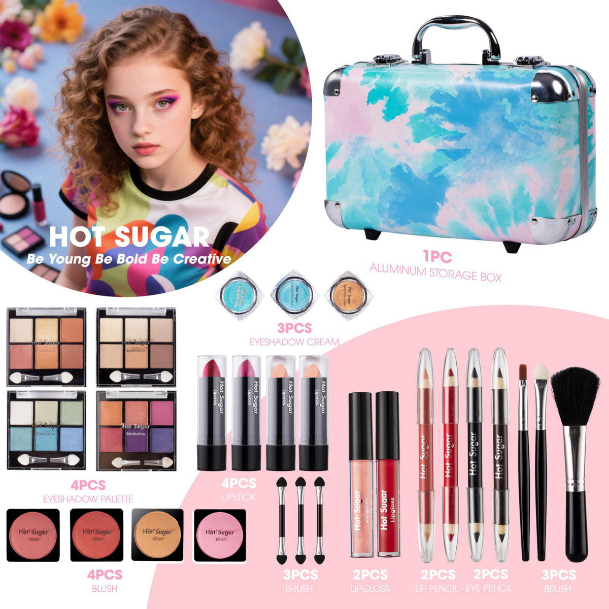 Hot Sugar All-in-One Makeup Set for Adults and Girls (Blue Tie-Dye) – close-up detail in BLUE TIE-DYE