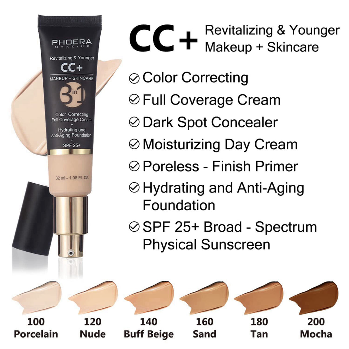 Hilareco PHOERA CC Cream Foundation With SPF,PHOERA Full Coverage Foundation Color Correcting Cream,3 Pcs Cream Contour 