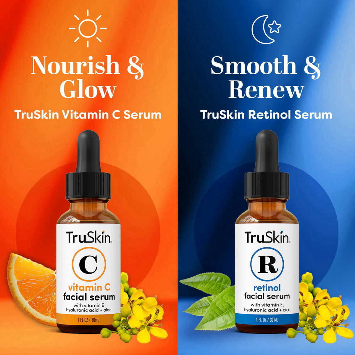 TruSkin Face Serum Duo - Vitamin C Serum & Retinol Serum for Face - AM & PM Anti Aging Skincare Routine - Brightening & 