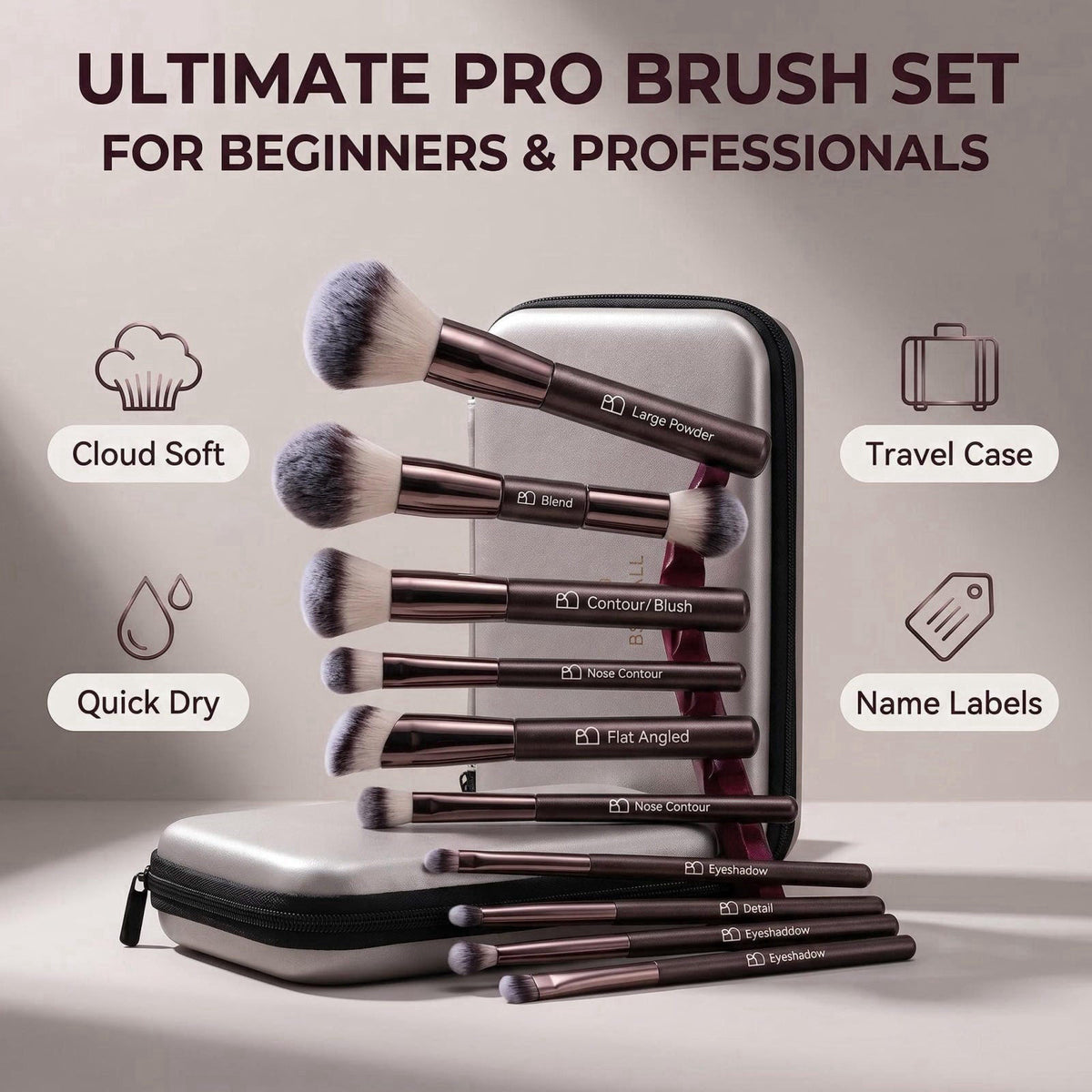 BS-MALL Professional Makeup Brush Set with Travel Case, 20 PCS Synthetic – close-up detail in A-Coffee