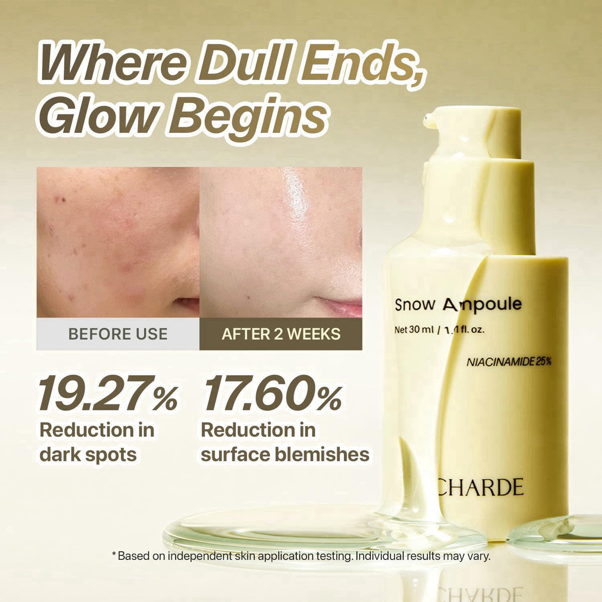 CHARDE 25% Niacinamide Dark Spot Serum for Radiant-Looking Skin – back view and specifications