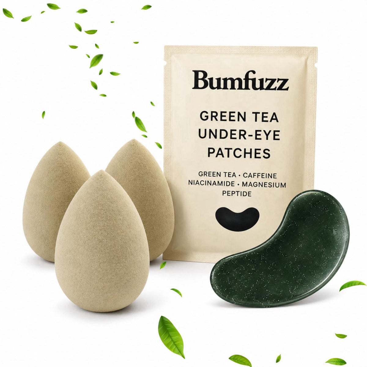 Bumfuzz Green Tea Under-Eye Patches & Makeup Sponge Set, 24 Pairs Eye Gel Patches with Caffeine, Niacinamide, Magnesium 