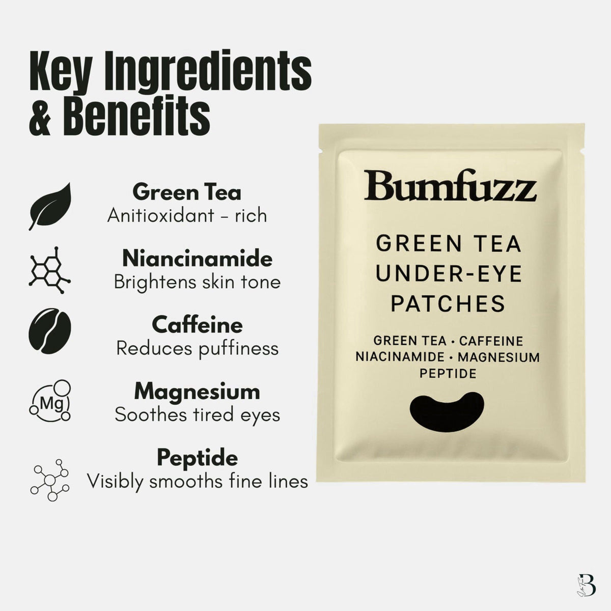 Bumfuzz Green Tea Under-Eye Patches & Makeup Sponge Set, 24 Pairs Eye Gel Patches with Caffeine, Niacinamide, Magnesium 