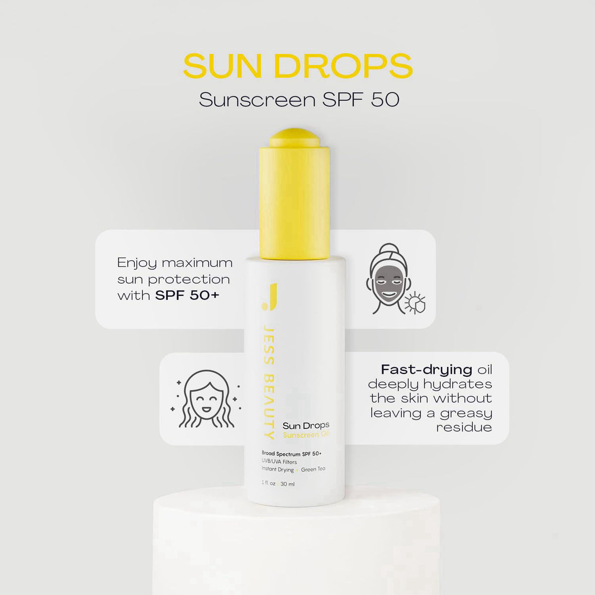 JESS BEAUTY | Sun Drops SPF 50 Sunscreen Oil | Lightweight Non-Greasy Face Sunscreen with Squalane, Baobab Oil & Green T