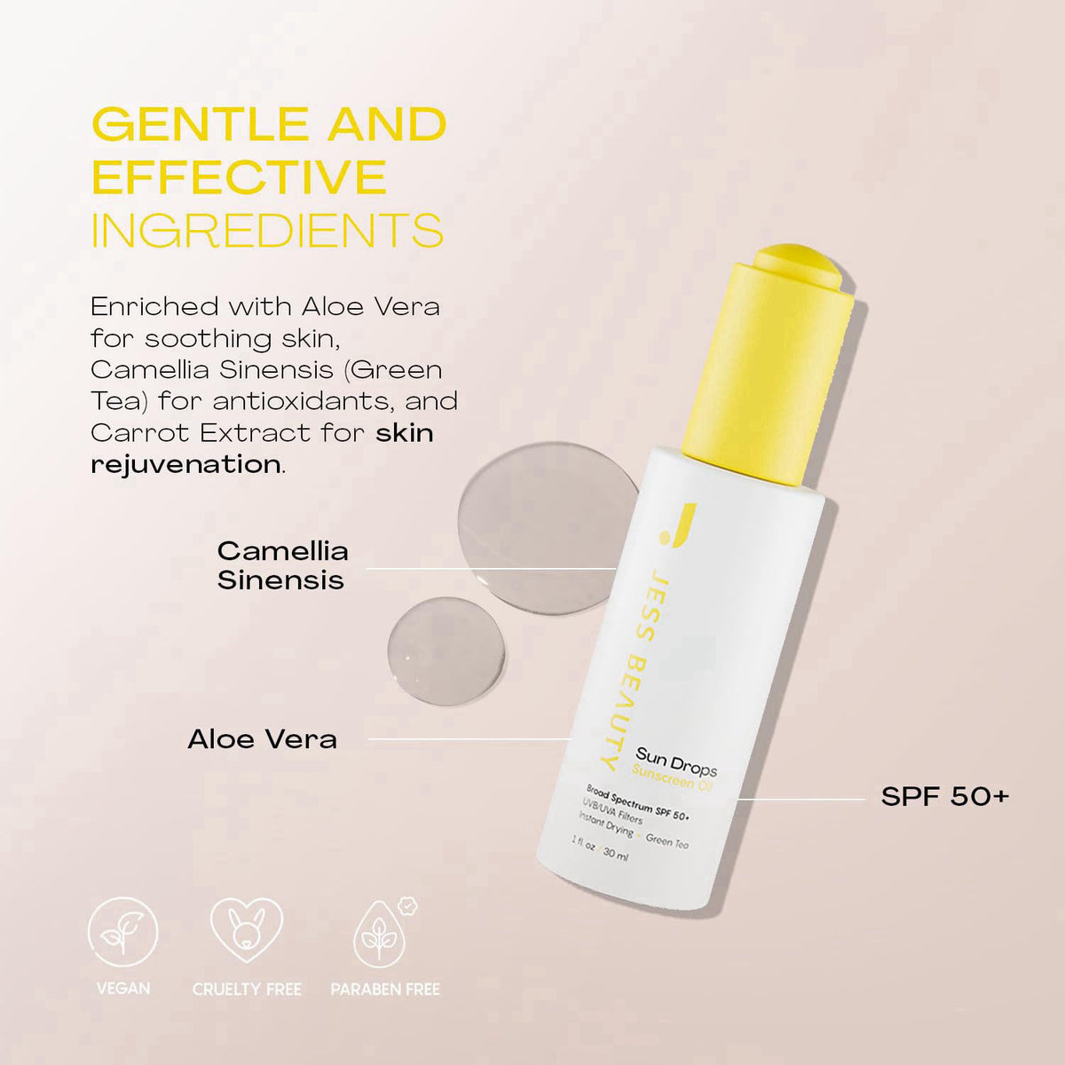 JESS BEAUTY | Sun Drops SPF 50 Sunscreen Oil | Lightweight Non-Greasy Face Sunscreen with Squalane, Baobab Oil & Green T