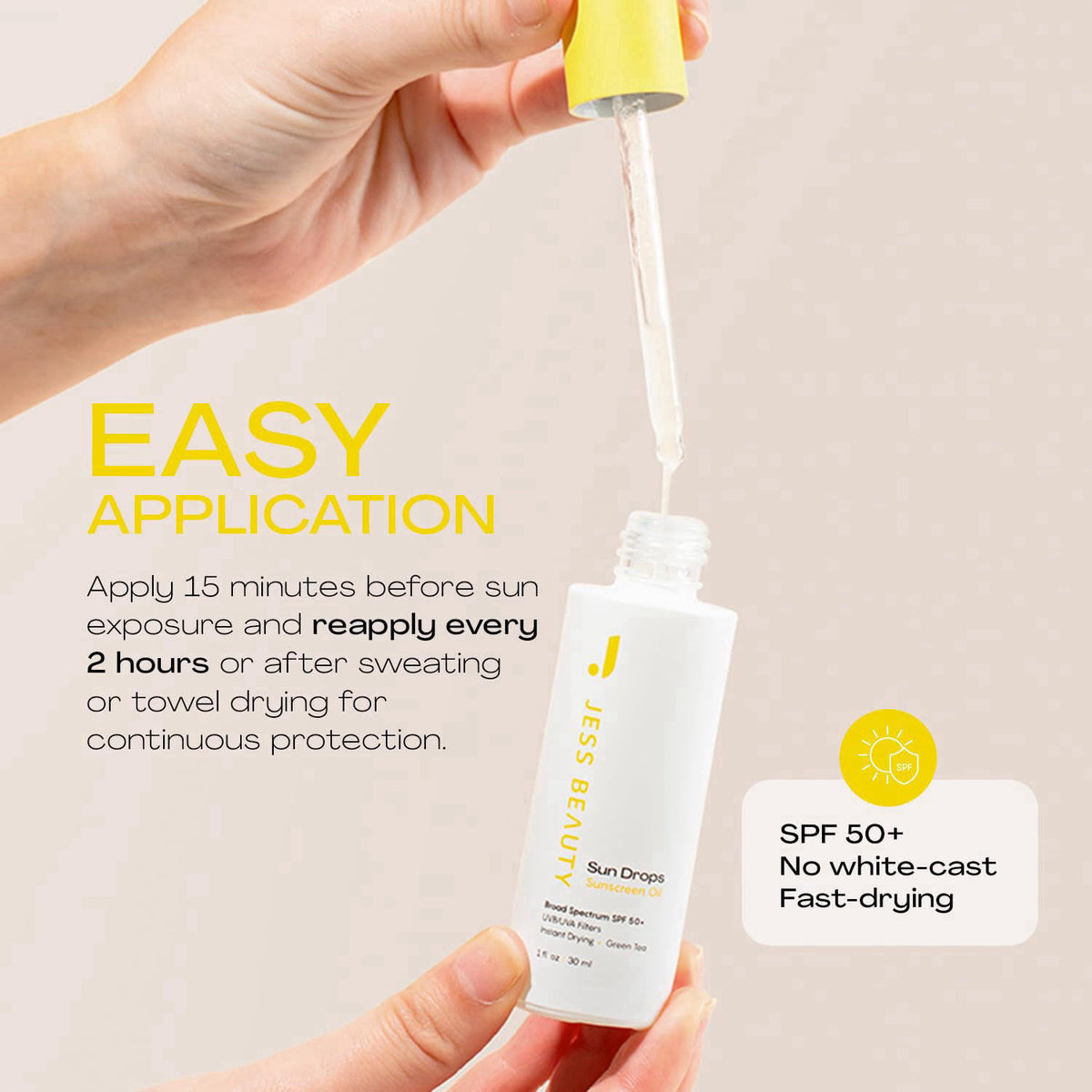 JESS BEAUTY | Sun Drops SPF 50 Sunscreen Oil | Lightweight Non-Greasy Face Sunscreen with Squalane, Baobab Oil & Green T