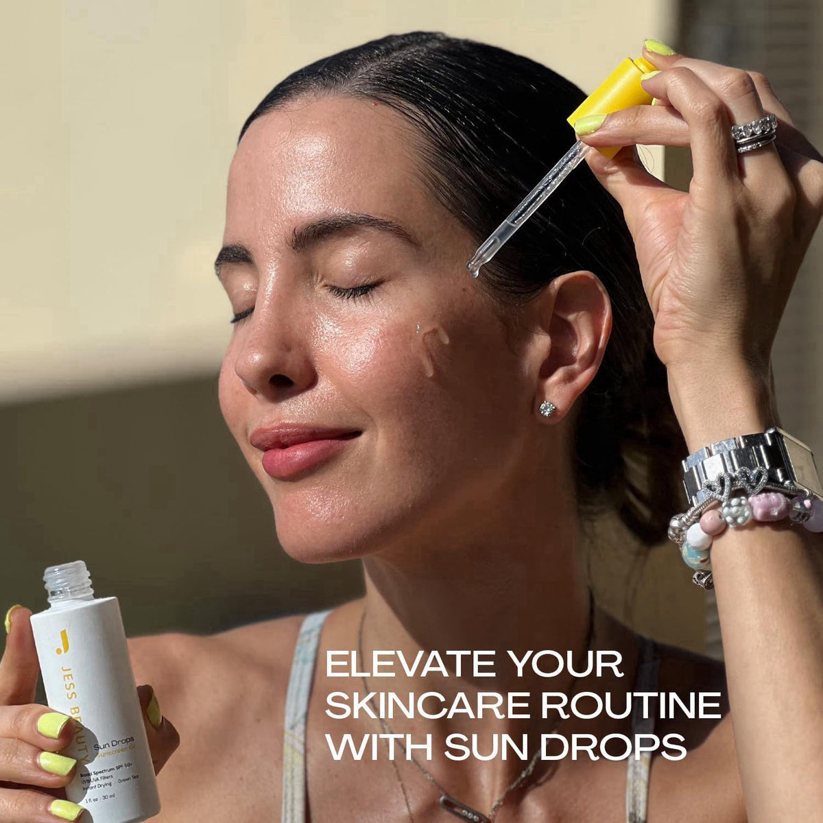 JESS BEAUTY | Sun Drops SPF 50 Sunscreen Oil | Lightweight Non-Greasy Face Sunscreen with Squalane, Baobab Oil & Green T