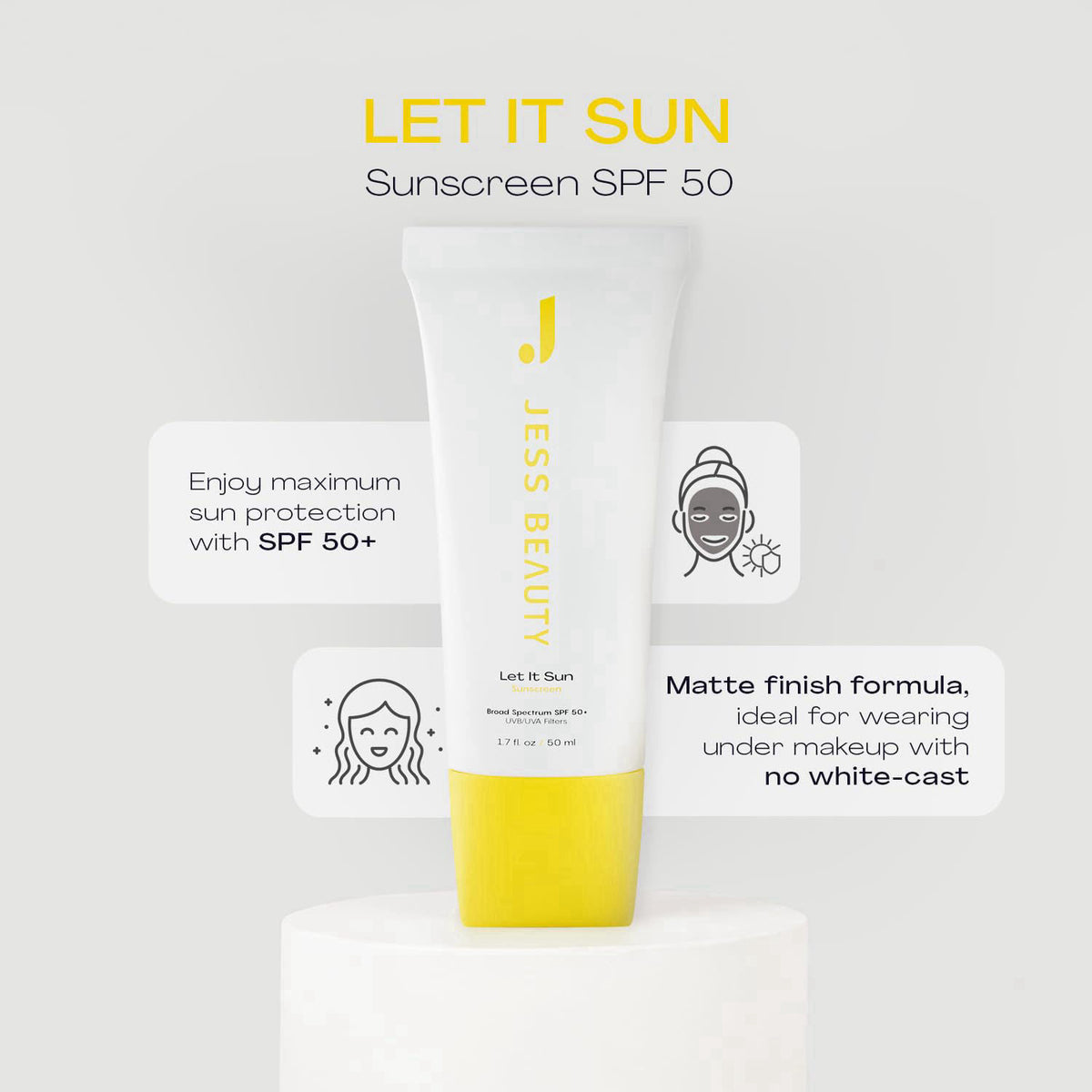 JESS BEAUTY | Let It Sun SPF 50 Gel Sunscreen | Lightweight Invisible Face Sunscreen with Green Tea, Aloe Vera & Squalan