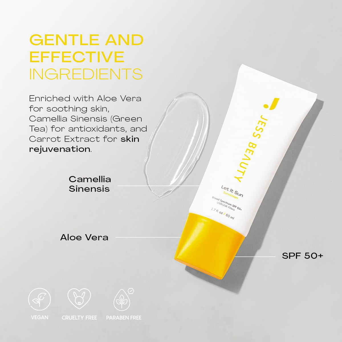 JESS BEAUTY | Let It Sun SPF 50 Gel Sunscreen | Lightweight Invisible Face Sunscreen with Green Tea, Aloe Vera & Squalan