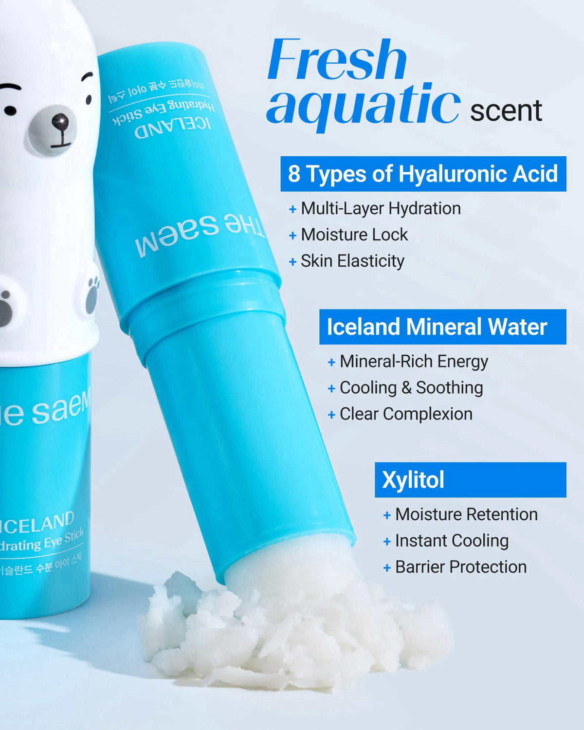 THESAEM Iceland Hydrating Eye Stick Bundle - 2 Pack (Hydrating + Collagen) - Cooling Under Eye Balm with Niacinamide for