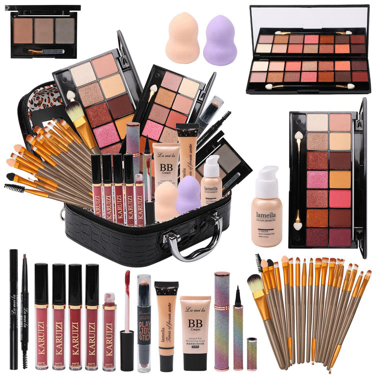KARUIZI All in One Makeup Kit Full Kit Multipurpose Essential with Eyeshadow Palette,Lip Gloss,Foundation,Mascara,Eyebro