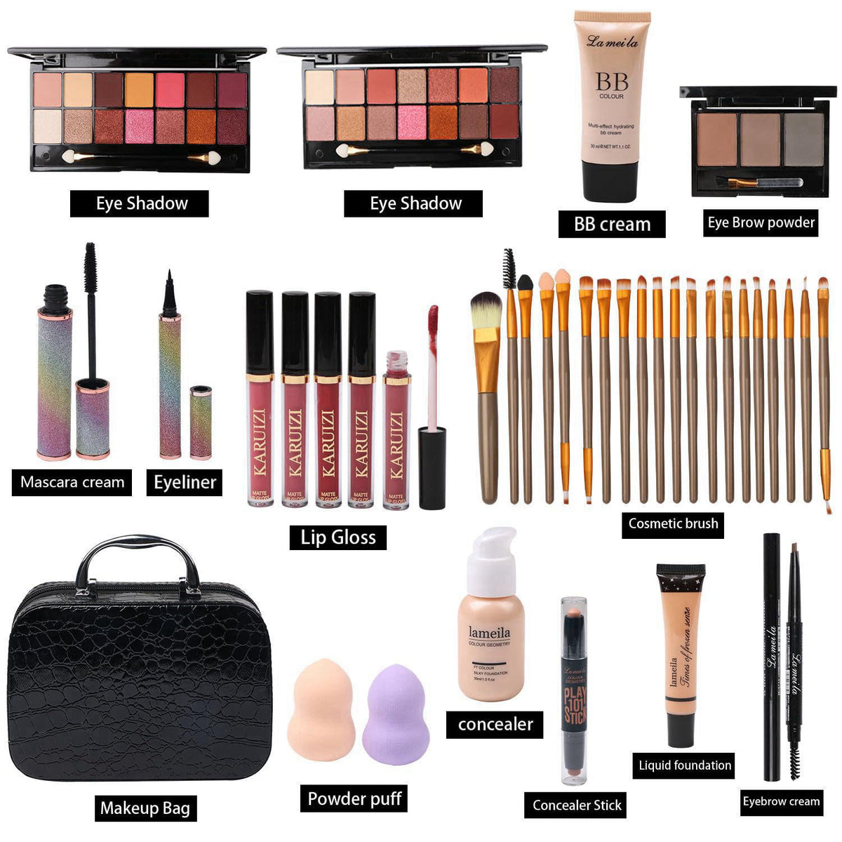 KARUIZI All in One Makeup Kit Full Kit Multipurpose Essential with Eyeshadow Palette,Lip Gloss,Foundation,Mascara,Eyebro