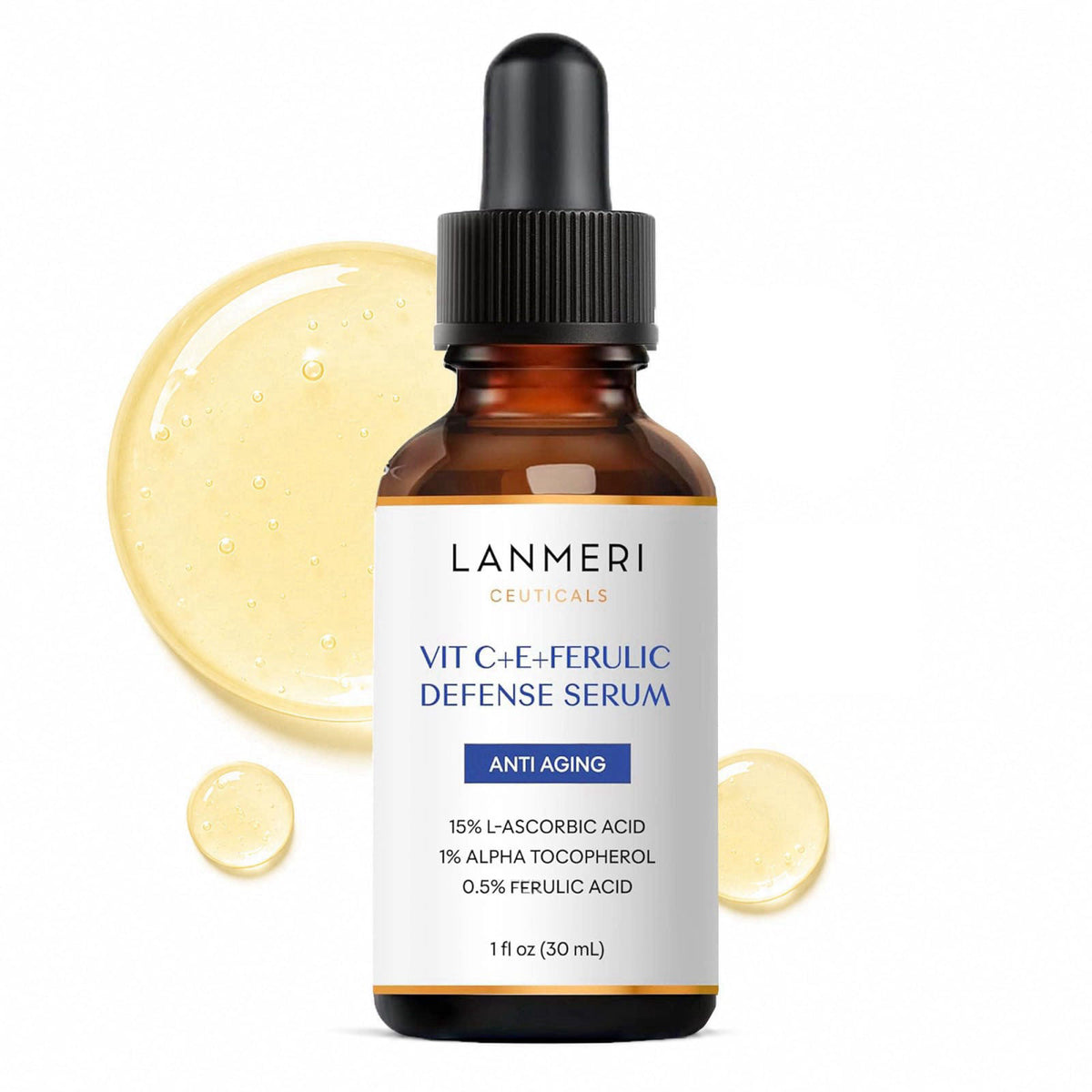 Lanmeri Ceuticals 15% Vitamin C + E + Ferulic Serum: Advanced Antioxidant Defense Formula with 1% Vitamin E & 0.5% Ferul