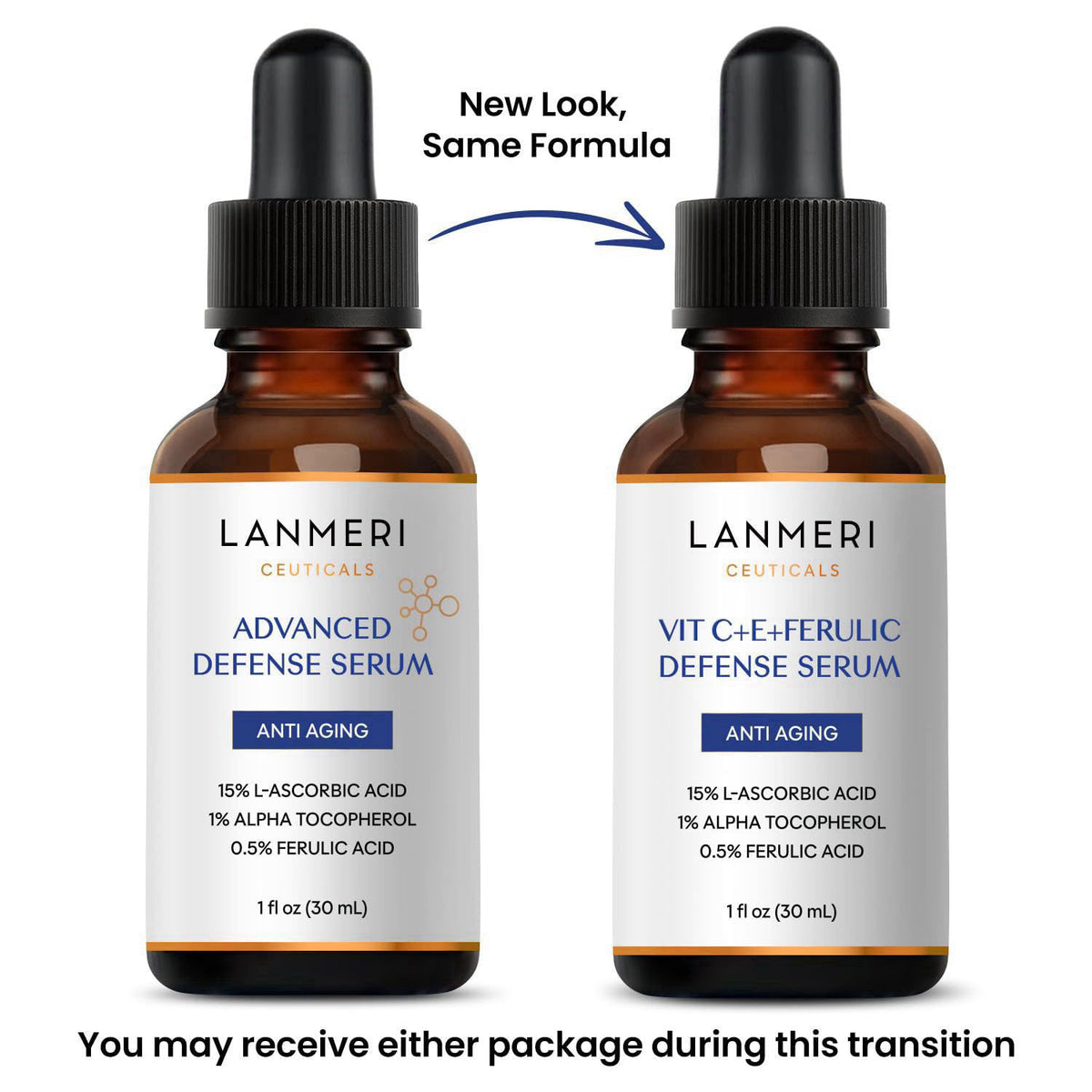 Lanmeri Ceuticals 15% Vitamin C + E + Ferulic Serum: Advanced Antioxidant Defense Formula with 1% Vitamin E & 0.5% Ferul