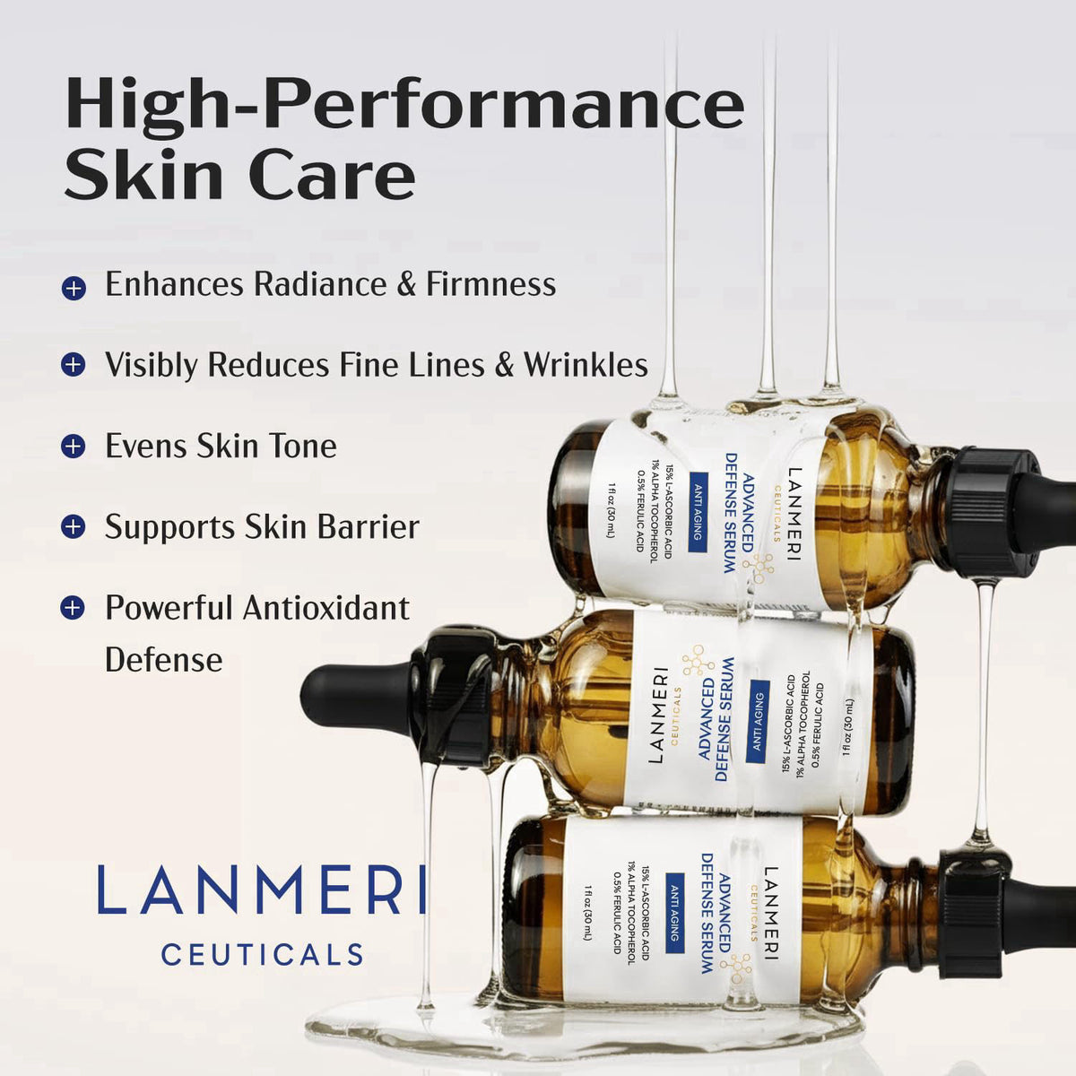 Lanmeri Ceuticals 15% Vitamin C + E + Ferulic Serum: Advanced Antioxidant Defense Formula with 1% Vitamin E & 0.5% Ferul