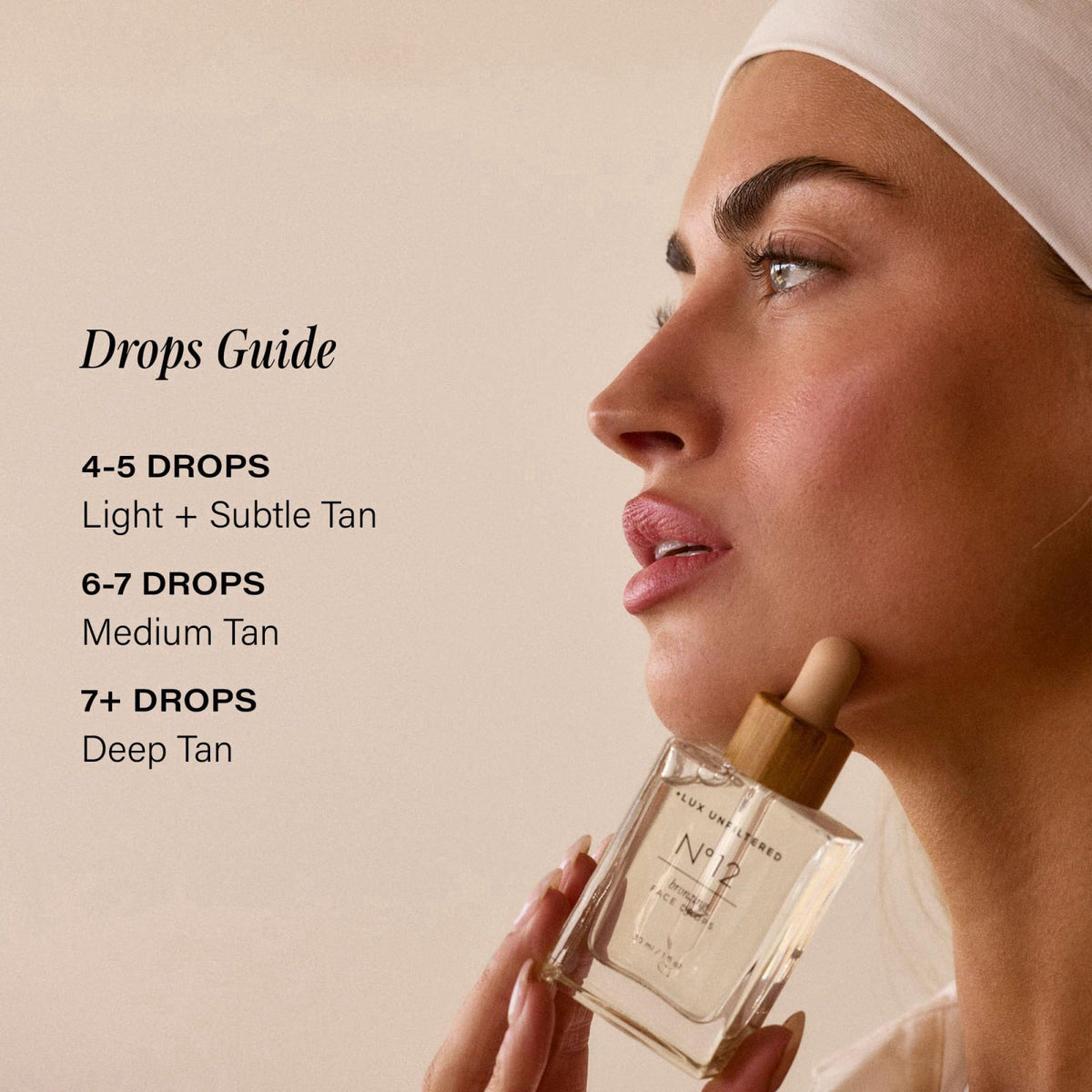 + Lux Unfiltered - N°12 Sun Struck Bronzing Face Tanning Drops - Classic – back view and specifications