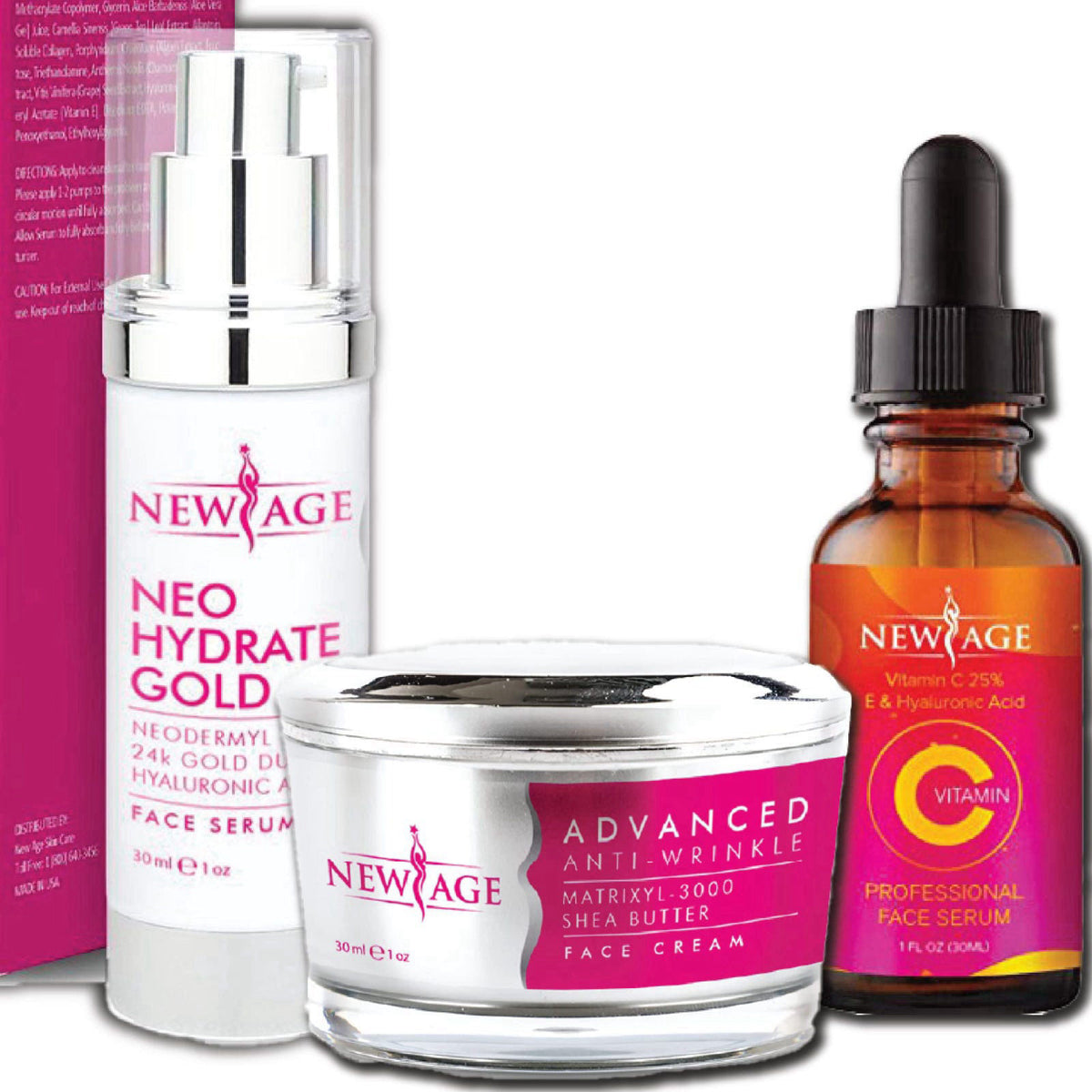 New Age Skin Care Beauty Box (Set of 3) Gift Set Vitamin C And Hyaluronic Kit Eye Serum Neo Hydrate Gold Face and Neck S