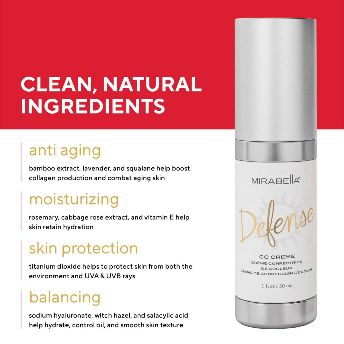 Mirabella Defense CC Creme Full Coverage Foundation with SPF 20, CC Cream Foundation with Sunscreen & Hyaluronic Acid, O