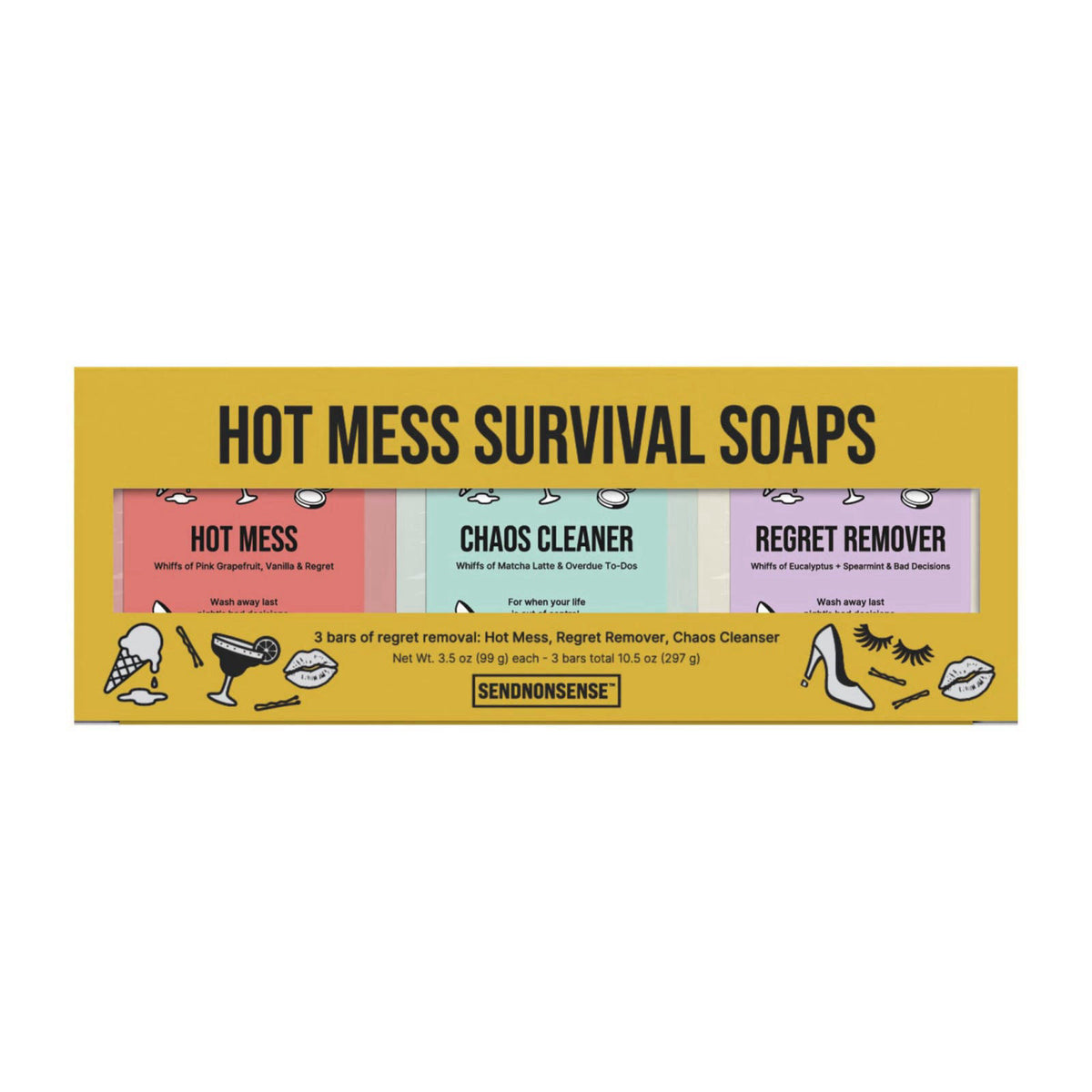 SendNonsense Hot Mess Survival Soap Gift Set (3-Pack) – Funny Gag Gift for Mom, Friends & Coworkers, Novelty Soaps, Regr