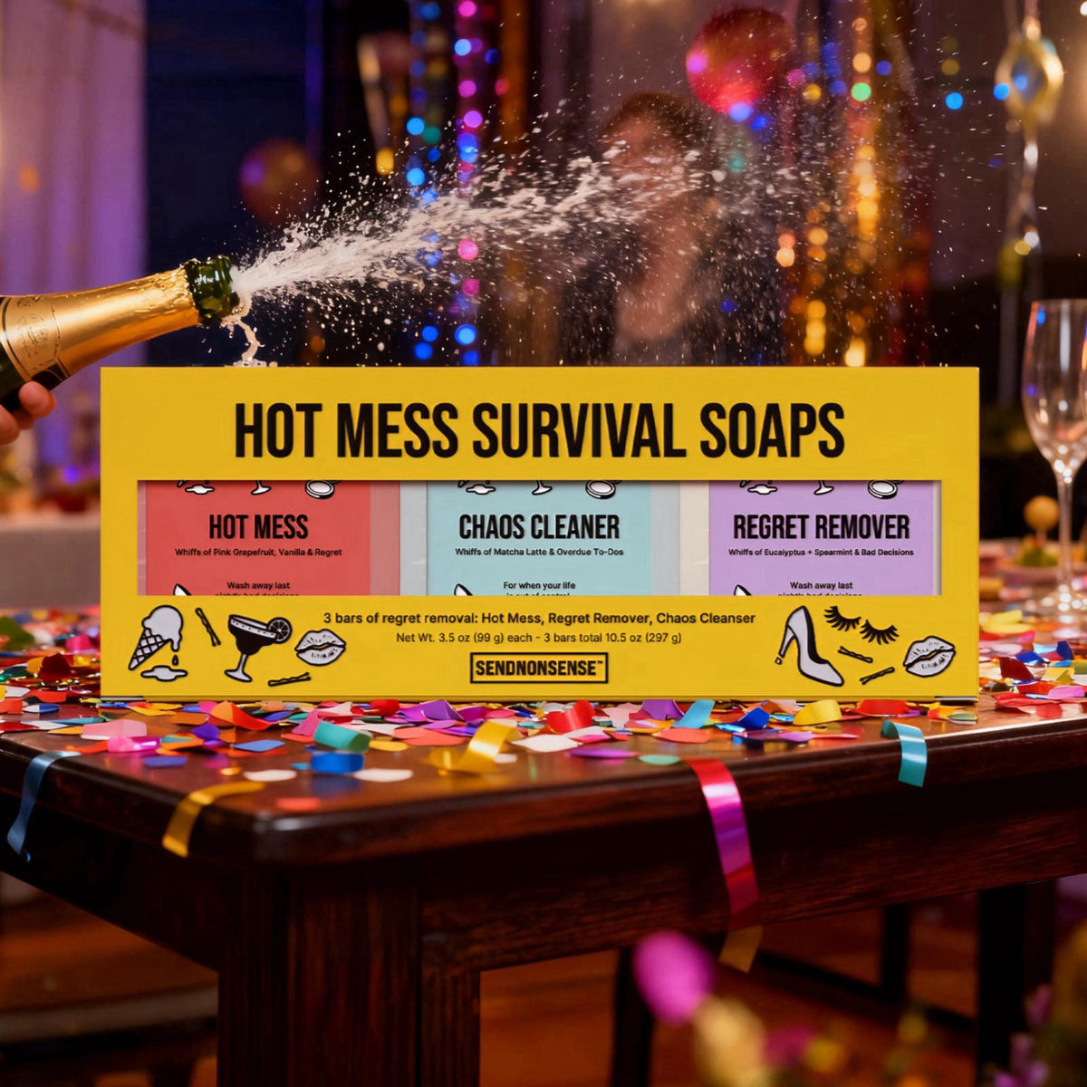 SendNonsense Hot Mess Survival Soap Gift Set (3-Pack) – Funny Gag Gift for Mom, Friends & Coworkers, Novelty Soaps, Regr
