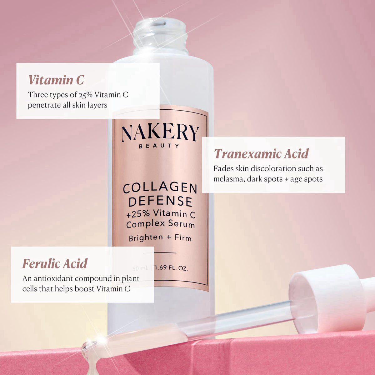 Nakery Collagen Defense Face Serum, 25% Vitamin C Complex with Niacinamide and Peptides, Anti Aging Collagen Booster for