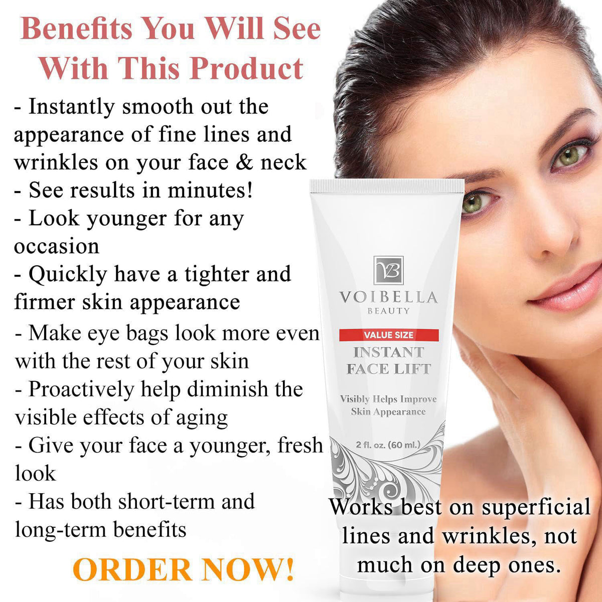 VOIBELLA BEAUTY Instant Face Lift Cream 2 oz - Eye, Neck, Face Tightening, Lifting – packaging and label