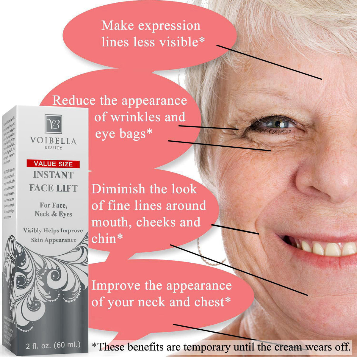 VOIBELLA BEAUTY Instant Face Lift Cream 2 oz - Eye, Neck, Face Tightening, Lifting – full view, size 2 Ounce (Pack of 1)