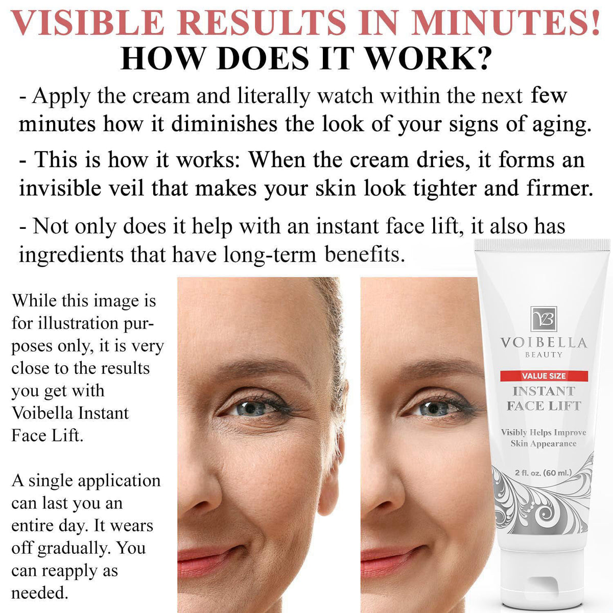 VOIBELLA BEAUTY Instant Face Lift Cream 2 oz - Eye, Neck, Face Tightening, Lifting – back view and specifications