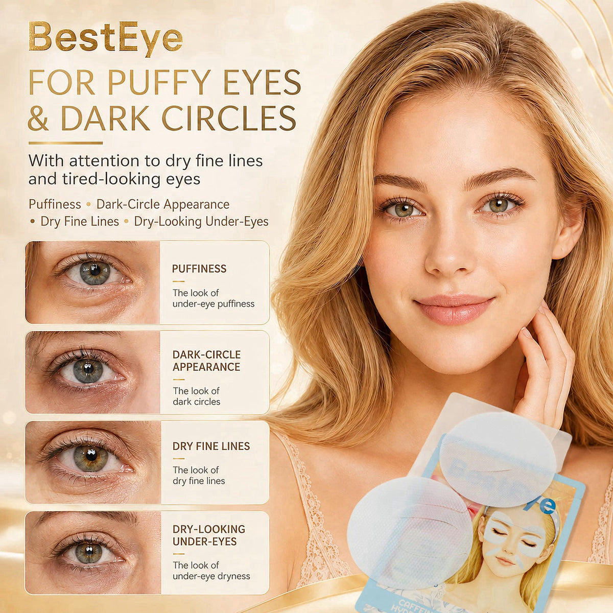Besteye Retinol Under Eye Patches for Puffy Eyes & Dark Circles, Eye Mask – back view and specifications