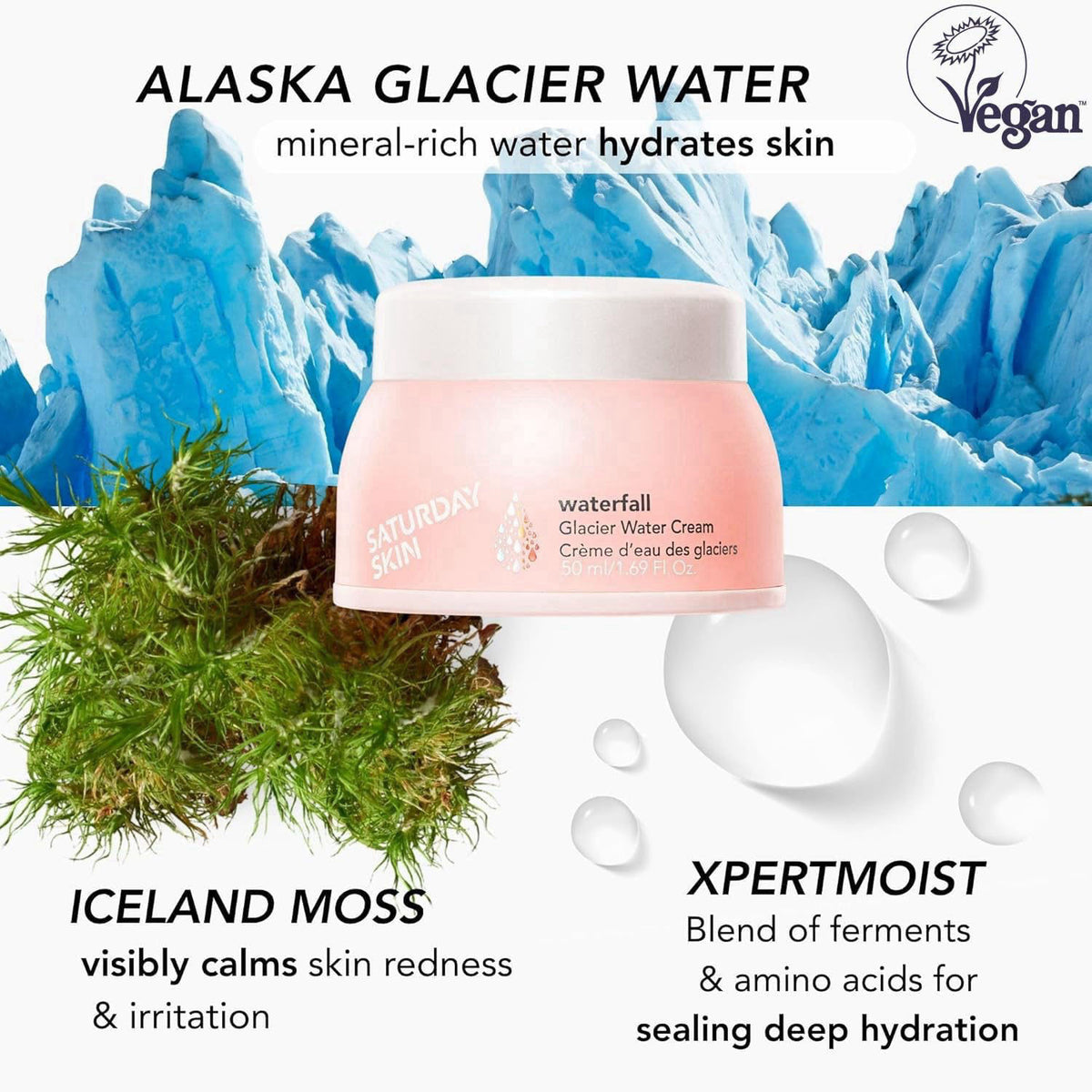 Saturday Skin Waterfall Glacier Water Cream: Oil Free Gel Moisturizer, 50ml – packaging and label
