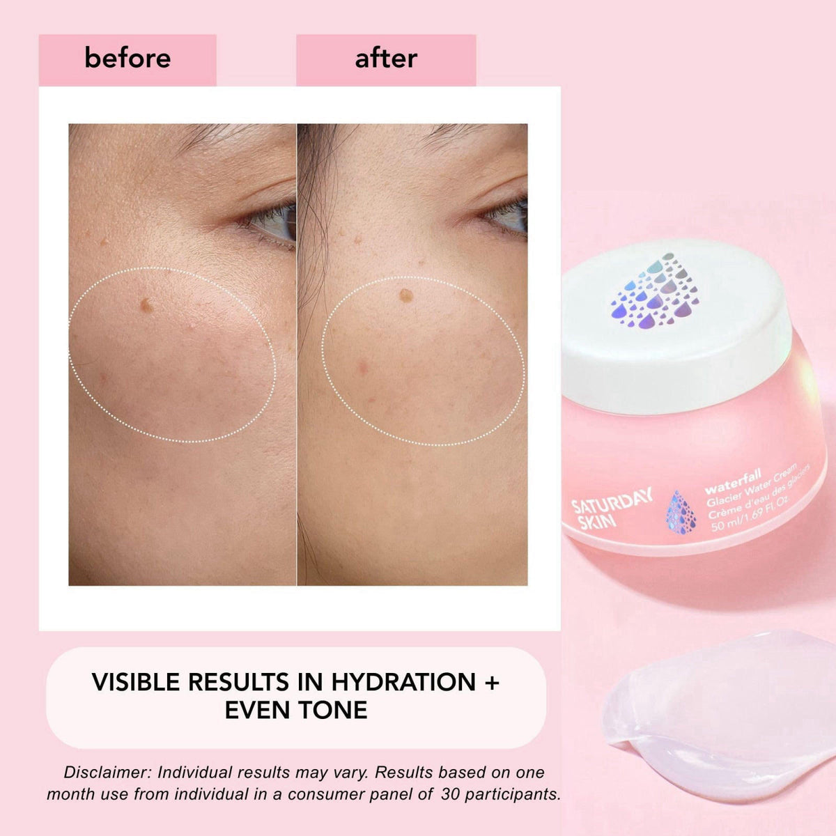 Saturday Skin Waterfall Glacier Water Cream: Oil Free Gel Moisturizer, 50ml – back view and specifications