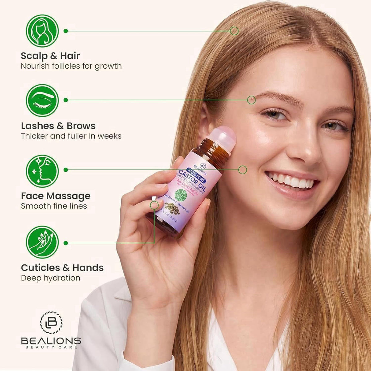 Bealions Castor Oil Rose Quartz Roller Ball (1.7 Fl Oz) – close-up detail