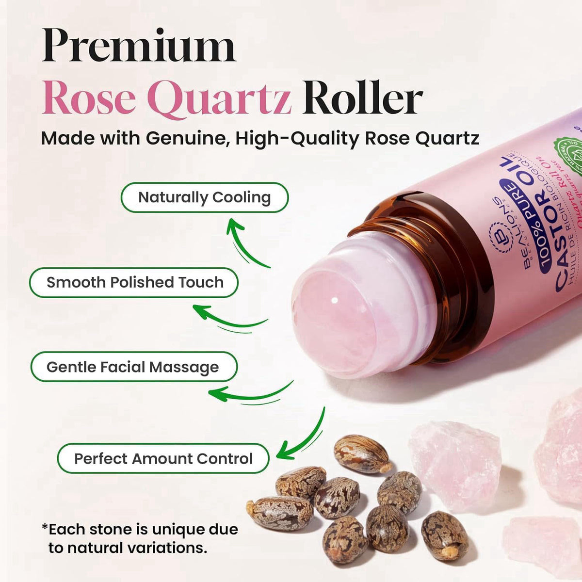 Bealions Castor Oil Rose Quartz Roller Ball (1.7 Fl Oz) – packaging and label