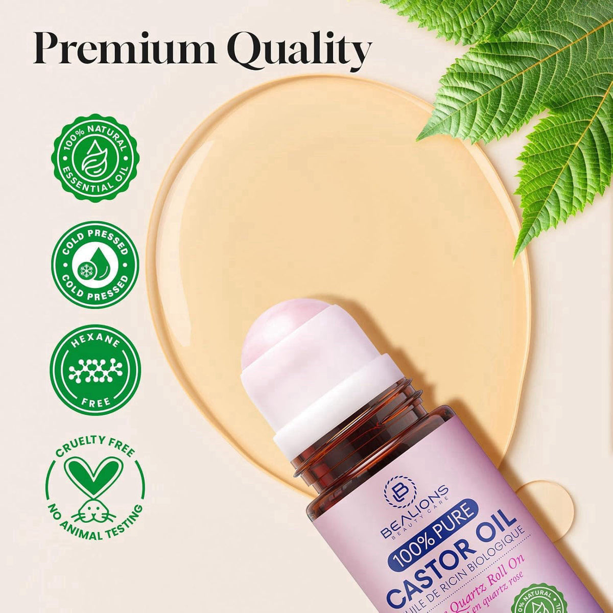 Bealions Castor Oil Rose Quartz Roller Ball (1.7 Fl Oz) – full view