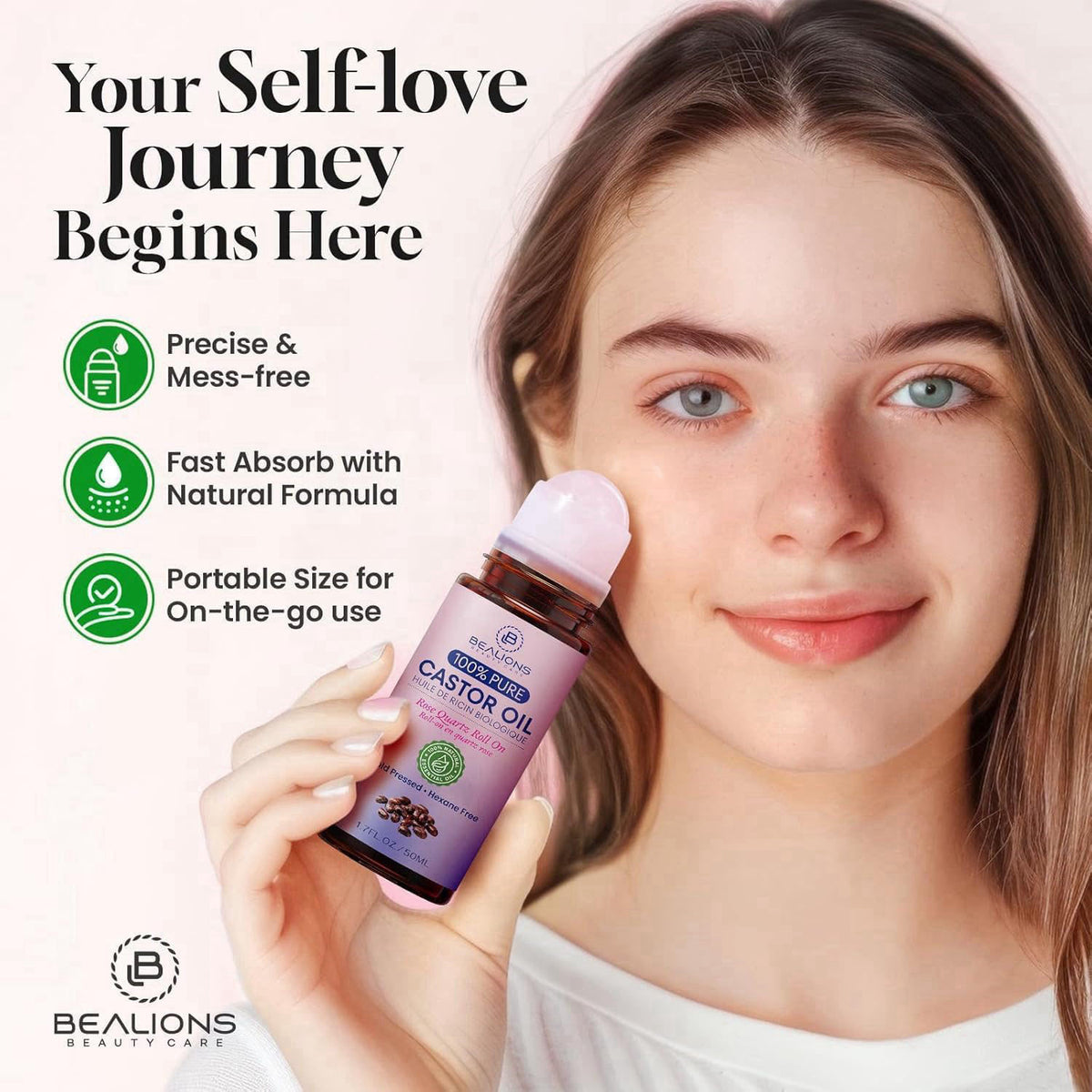 Bealions Castor Oil Rose Quartz Roller Ball (1.7 Fl Oz) – alternate angle
