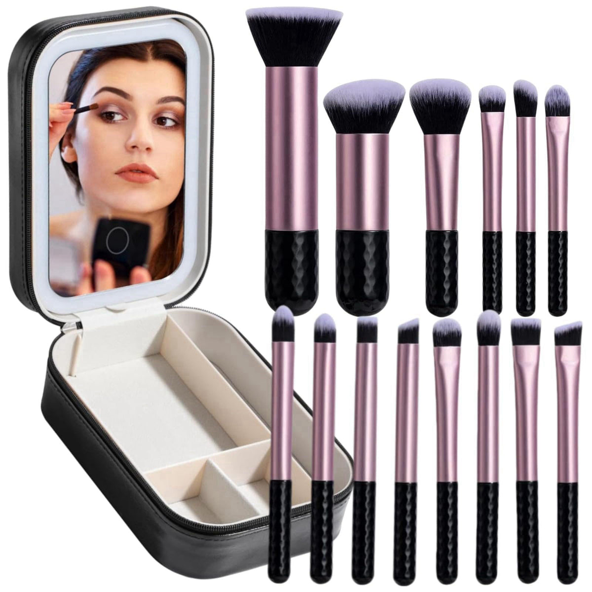 BS-MALL Makeup Brushes Set 14 Pcs with LED Light Mirror – Premium Cosmetic Tools for Flawless Beauty Routines (Black) – 