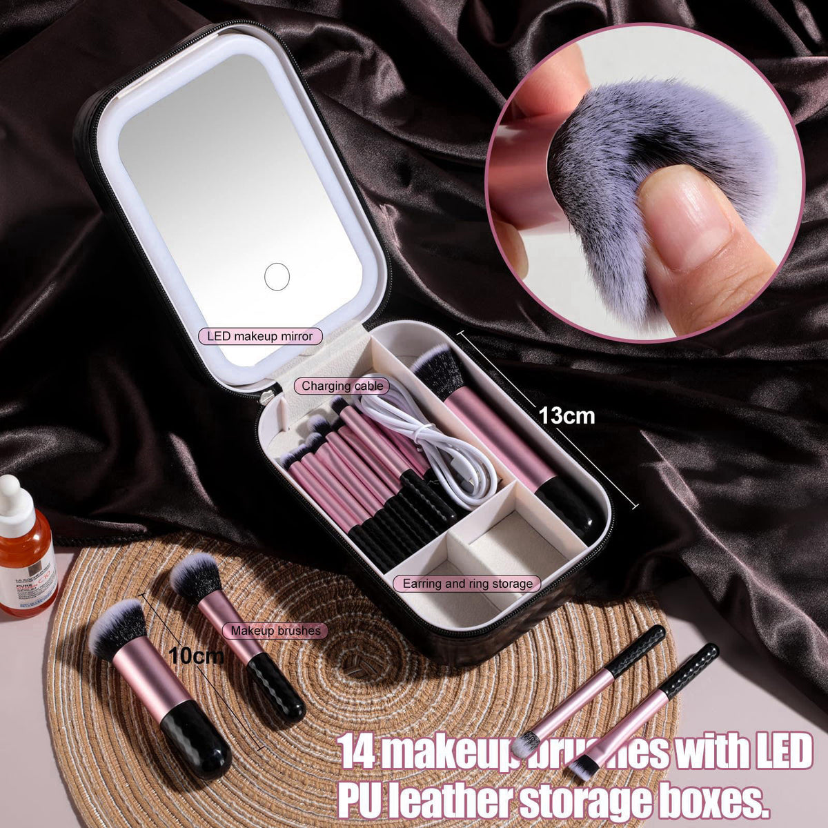 BS-MALL Makeup Brushes Set 14 Pcs with LED Light Mirror – Premium Cosmetic Tools for Flawless Beauty Routines (Black) – 