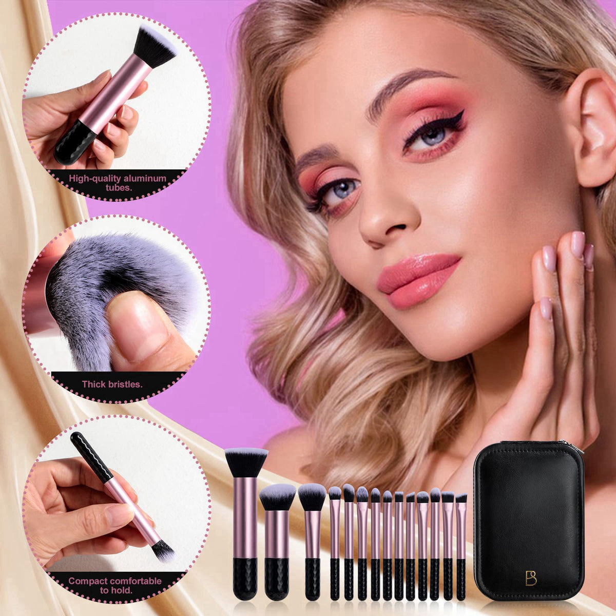 BS-MALL Makeup Brushes Set 14 Pcs with LED Light Mirror – Premium Cosmetic Tools for Flawless Beauty Routines (Black) – 