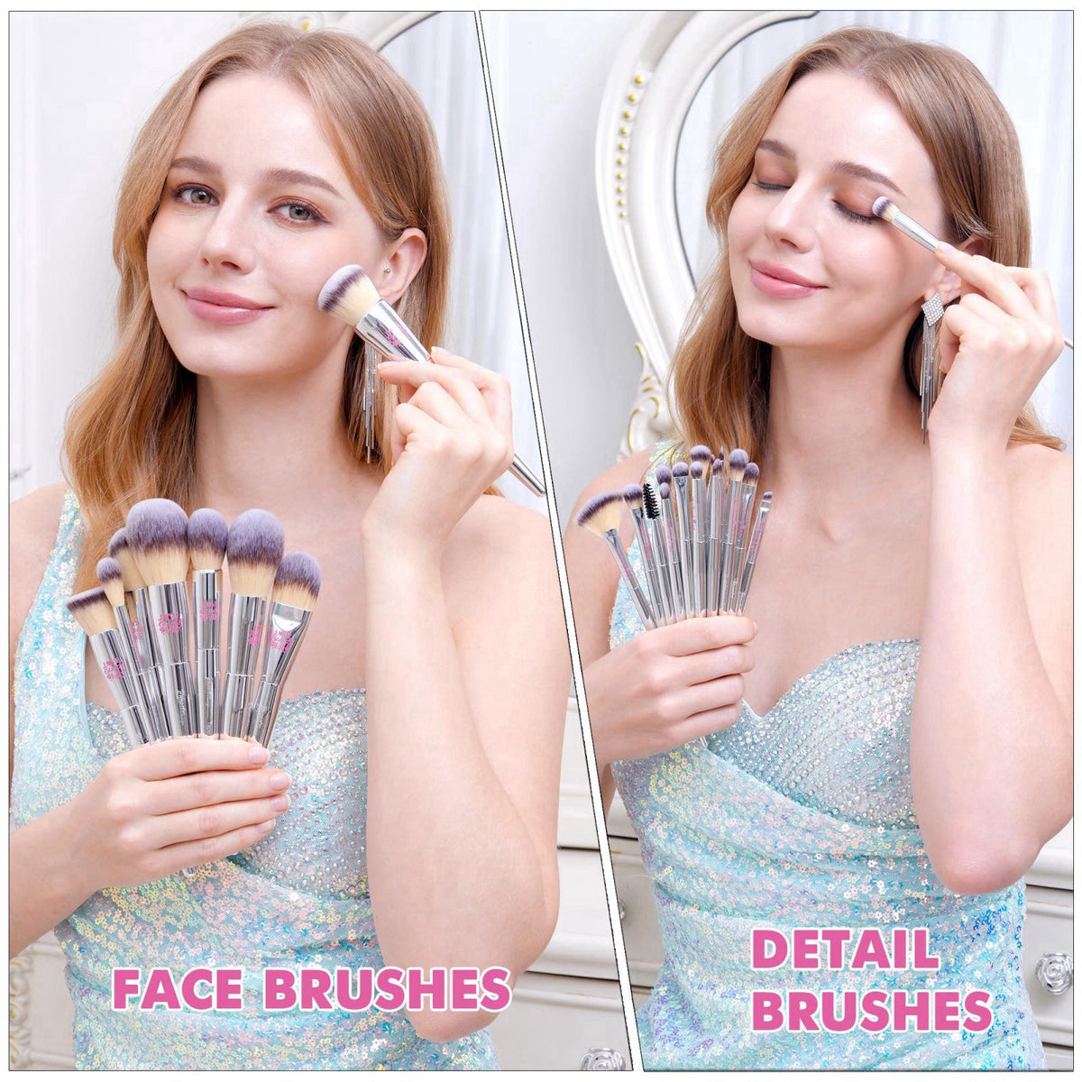 Bueart Design 26Pcs PRO Makeup Brushes Set Christmas Gift(with Elegant Box) – close-up detail in Silver Gift
