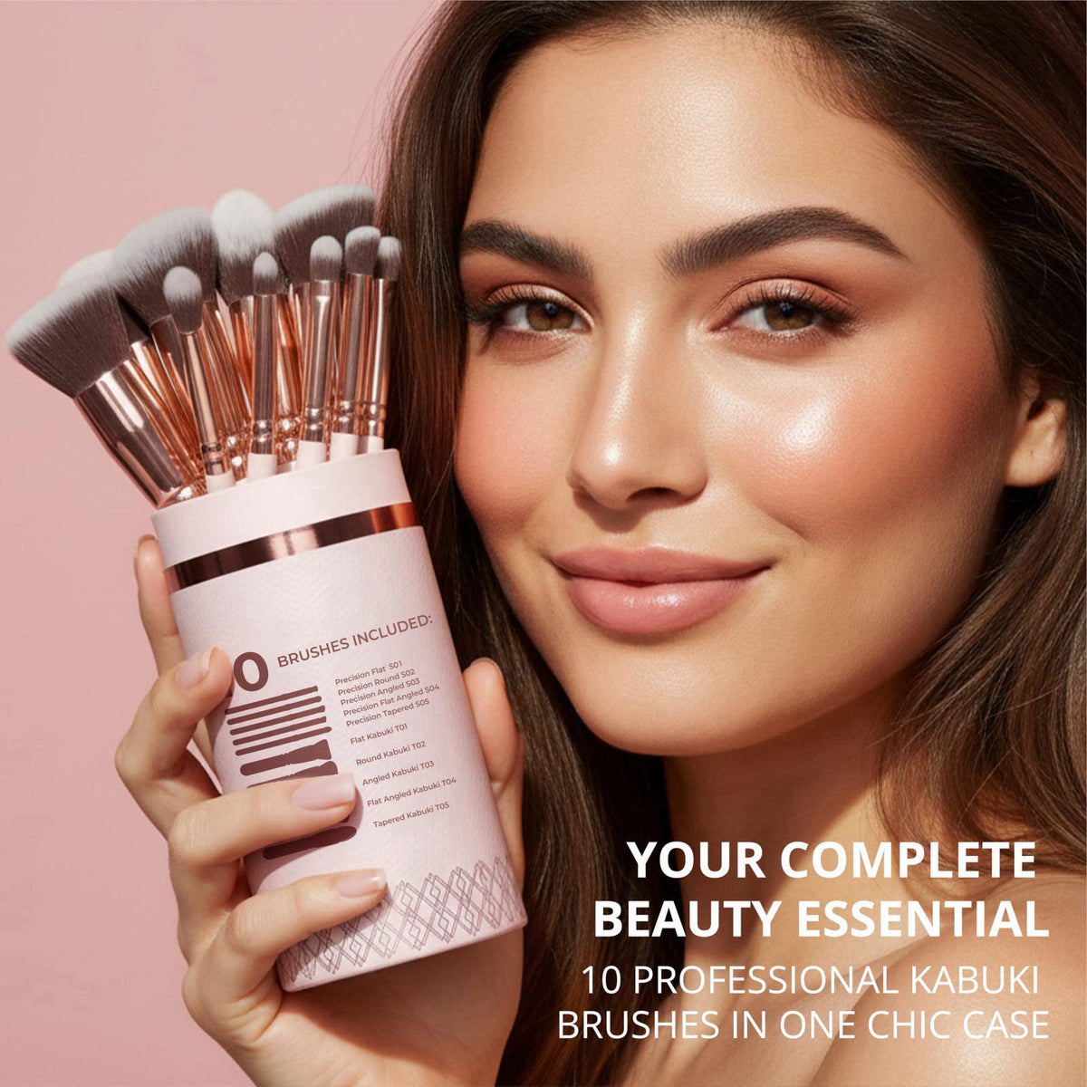 Lamora Kabuki Makeup Brush Set - 10 Essential Face, Eye, Precision Brushes – close-up detail in Rose