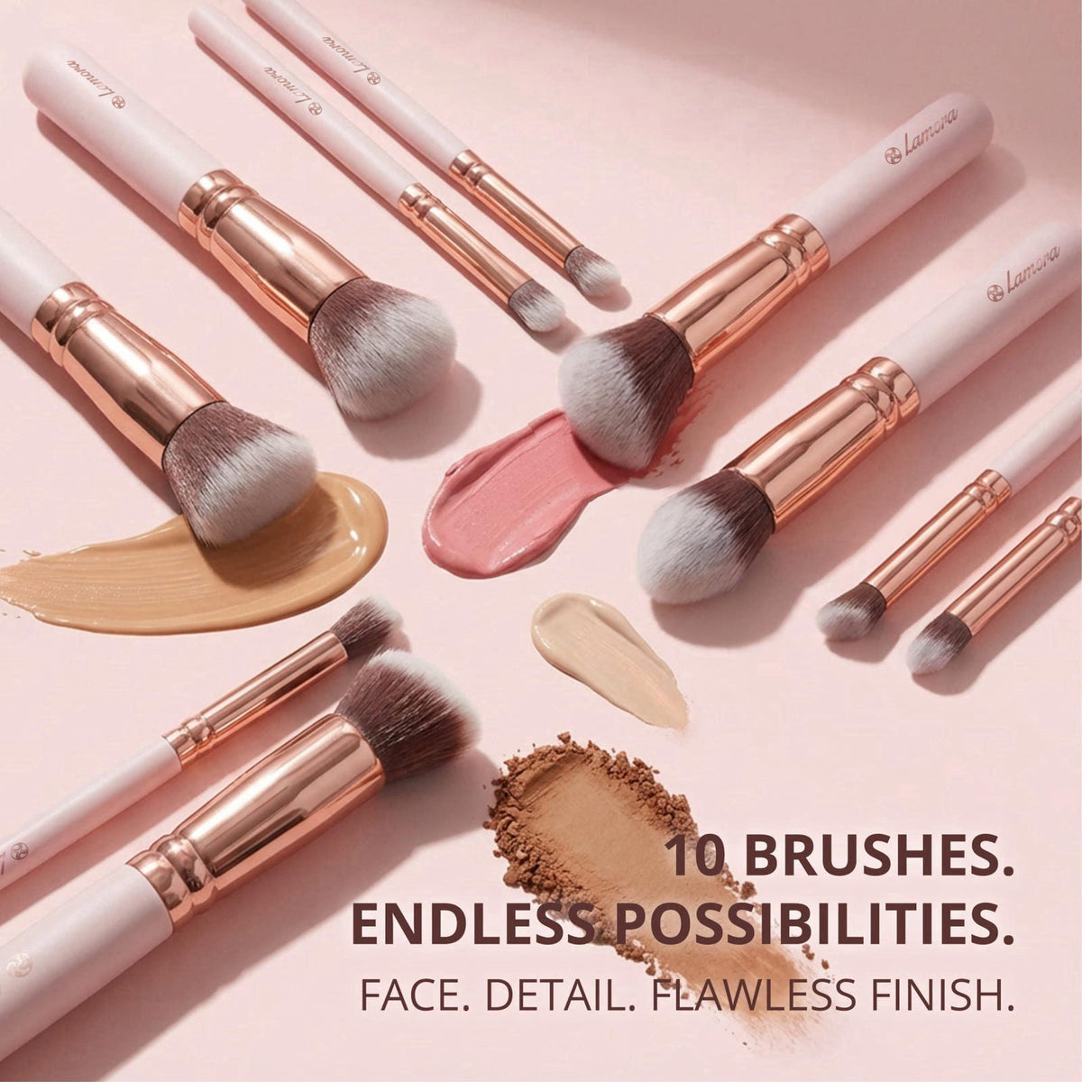 Lamora Kabuki Makeup Brush Set - 10 Essential Face, Eye, Precision Brushes – packaging and label