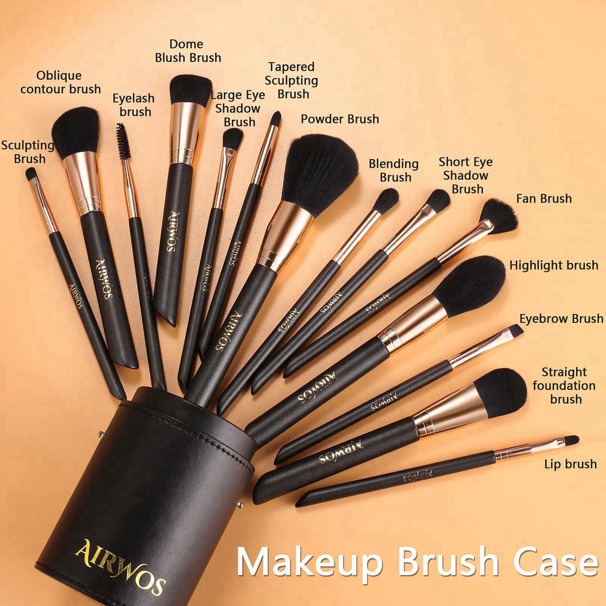 AirWos® 14 Pcs Professional Makeup Brush Set with Case - Synthetic Foundation, Powder, Eyeshadow, Concealer Brushes with