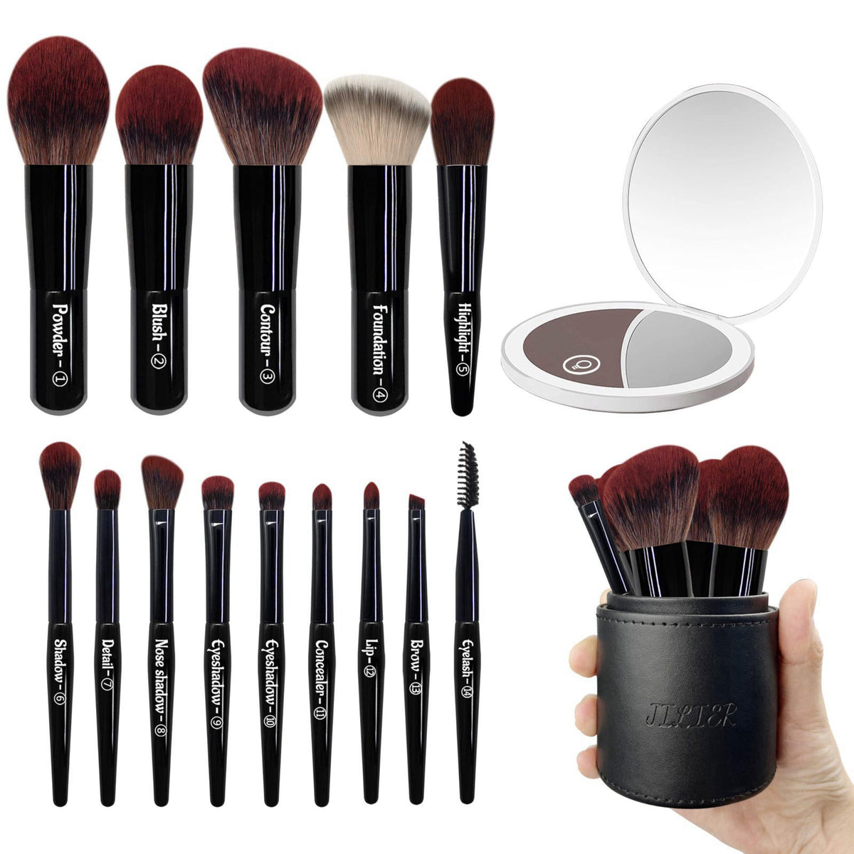 Jilier Travel Makeup Brush Set, 14 pcs Mini Makeup Brushes for Foundation, Powder, Eyeshadow, Highlight, Contour, Blush 