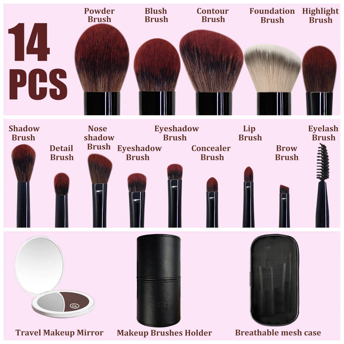 Jilier Travel Makeup Brush Set, 14 pcs Mini Makeup Brushes for Foundation, Powder, Eyeshadow, Highlight, Contour, Blush 
