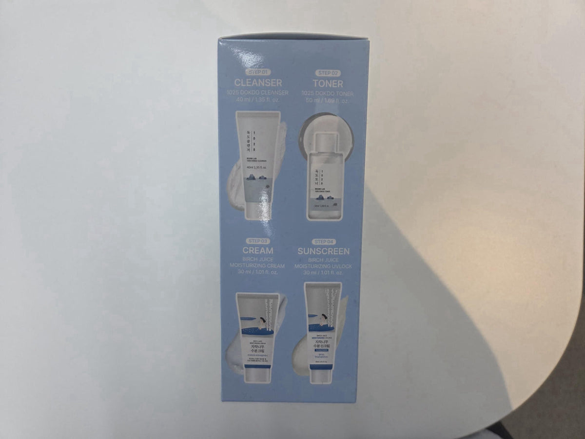 ROUND LAB Summer Travel Essential Kit with Sunscreen, 4 Step Skincare Set – back view and specifications