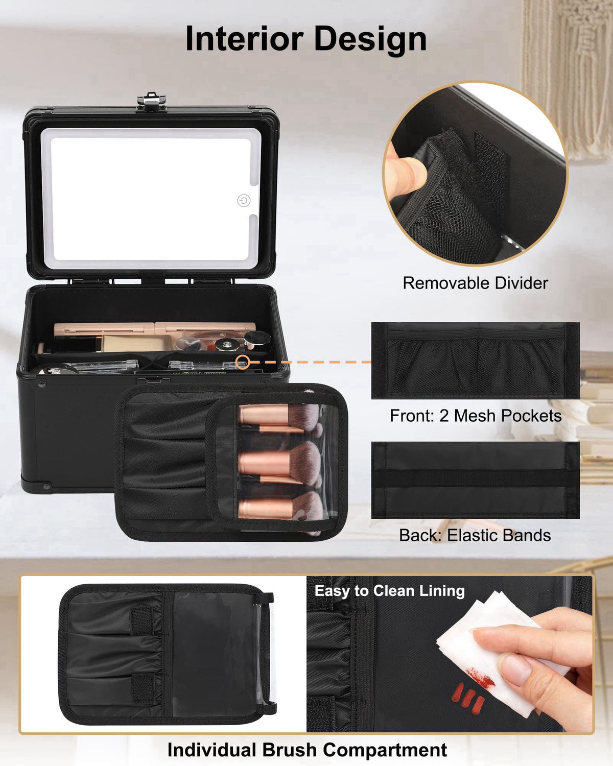 Relavel Travel Small Makeup Bag With LED Mirror in 3-Mode Light – back view and specifications