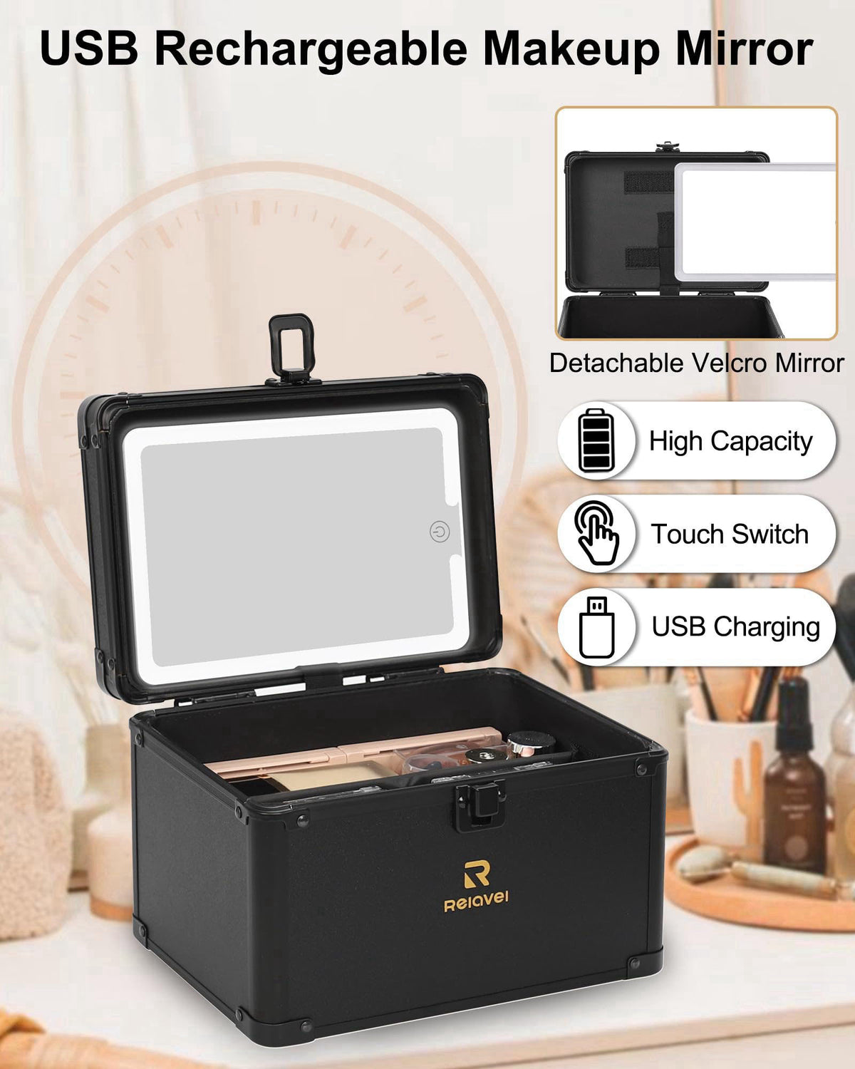 Relavel Travel Small Makeup Bag With LED Mirror in 3-Mode Light – alternate angle