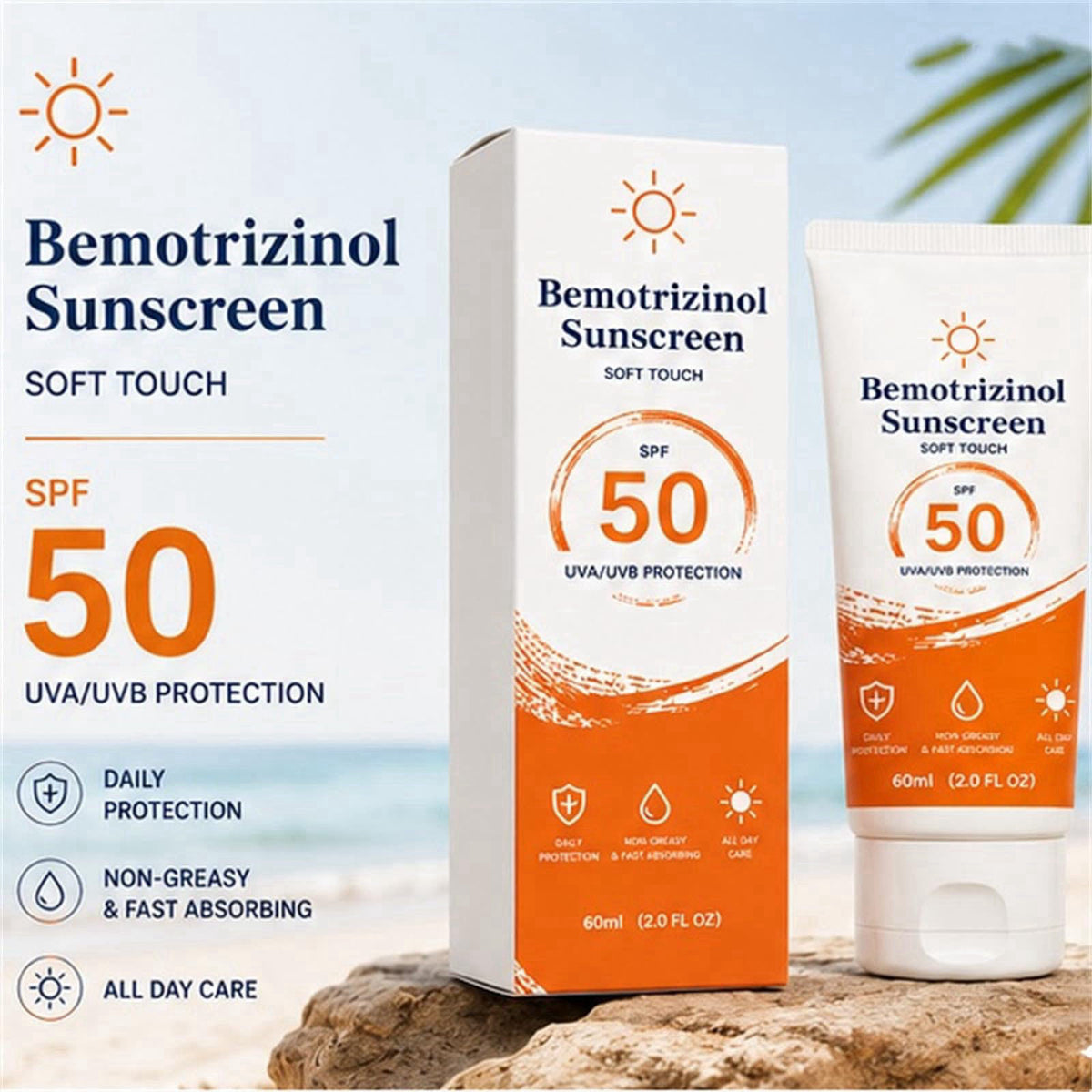 Bemotrizinol Sunscreen Sunscreen SPF 50, Face & Body Sun Care Lotion, Water & Sweat Resistant, Lightweight Invisible Fin